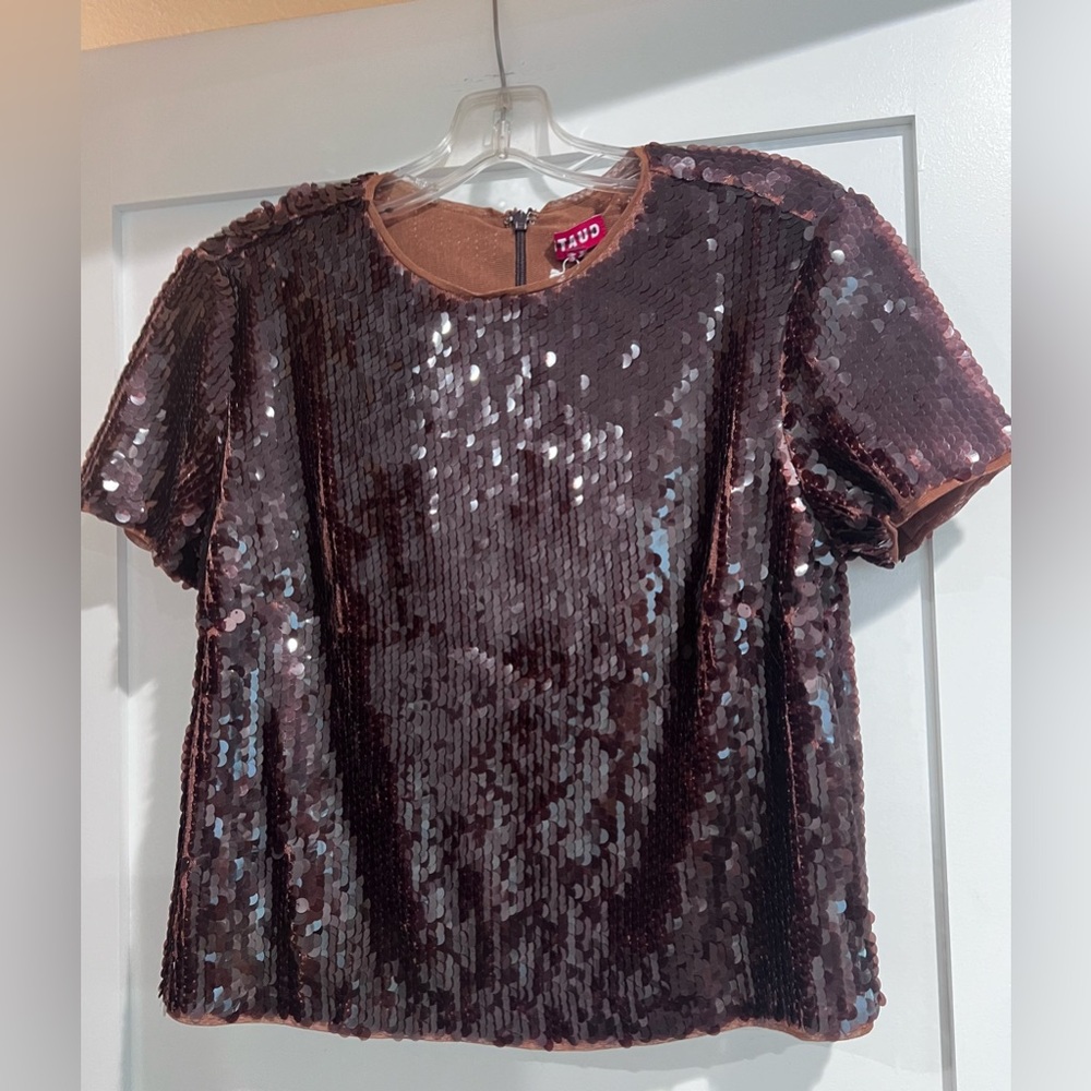 STAUD Brown Sequin Short Sleeve Top with Back Zip